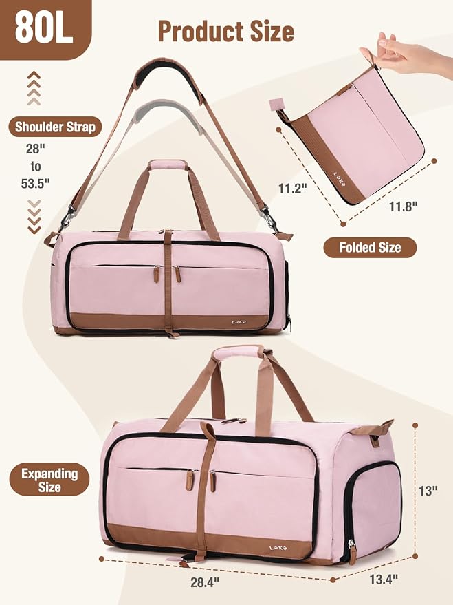 Lekesky Foldable Travel Duffel Bag for Women, 80L Large Duffle Bag with Separate Shoes Compartments & Straps, Carry On Weekend Bag for Women, Hospital, Overnight(Pink) - Image 3