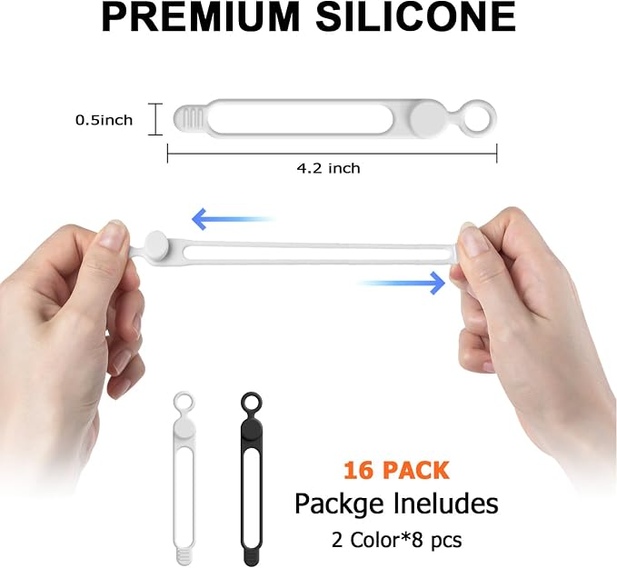 Silicone Cable Ties, Cord Organizer Cable Management, Black White | Reusable Cord Ties for Electronics, Office Desk Accessories, Home Travel Essentials, Easy to Use, 4.2 Inch-16 Pack - Image 2