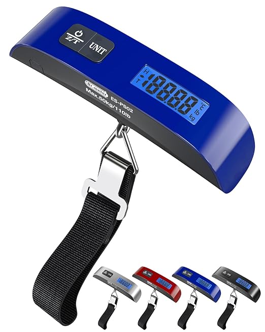 Luggage Scale Dr.meter Travel Essentials Luggage Weight Scale Backlight LCD | 110lb/50kg Electronic Balance Digital Postal Travel Accessories with Rubber Paint Handle Temperature Sensor Blue by Drmeter