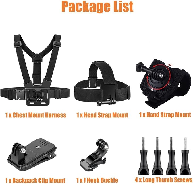 Accessories Kit for Action Camera, Chest Strap Harness + Head Strap Mount + 360° Rotating Hand Strap Mount and Backpack Clip Holder, 4 in 1 Universal Adjustable Sport Camera Accessories Kit - Image 7