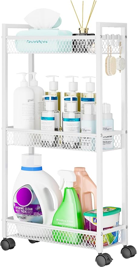 Slim Rolling Storage Cart, Metal 3 Tier Bathroom Storage Organizer Laundry Room Utility Cart for Kitchen, Bthroom, Makeup, Craft, Laundry Narrow Places, White by YASONIC