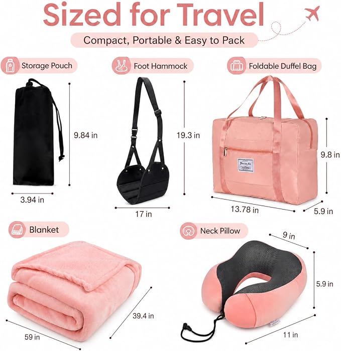 Travel Pillow and Blanket Set - Foot Hammock Rest Airplane Essentials, Pink | Memory Foam Neck Pillow Plane Foot Rest Airplane Accessories Essentials, Foldable Duffel Bag Eye Mask Earplugs for Comfort - Image 2