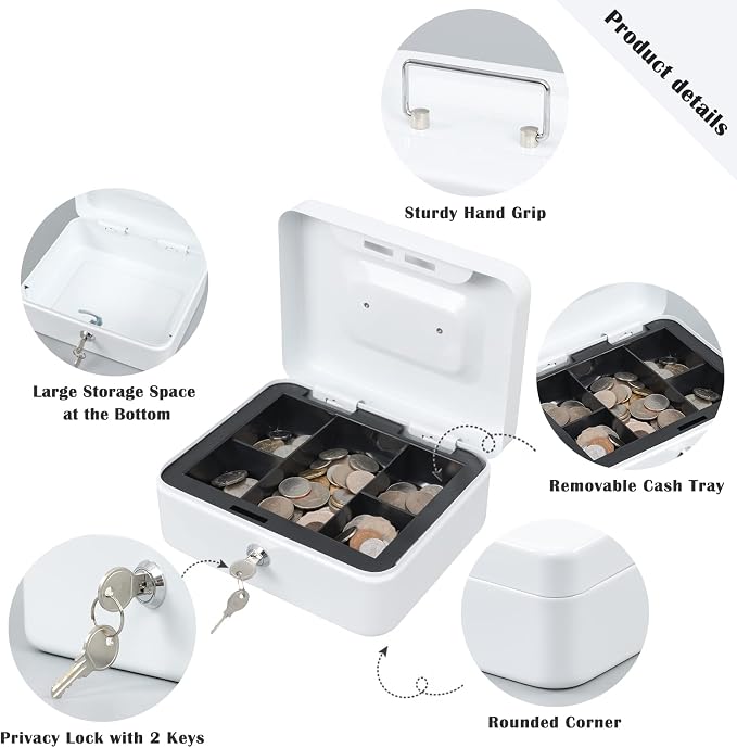 xydled Medium Cash Box with Lock, Removable Coin Tray, Steel Money Box, White - Image 6