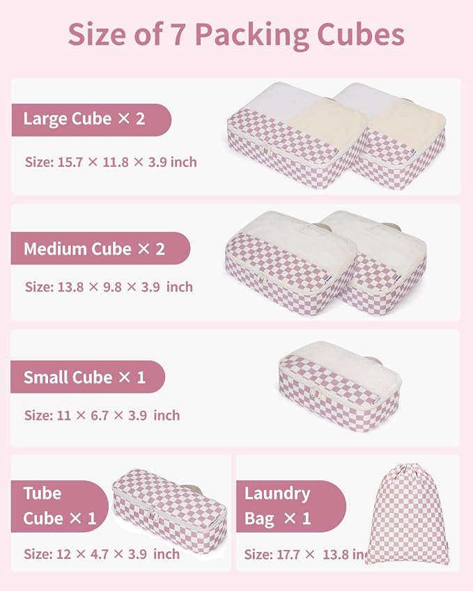 Narwey 7 Set Checkered Packing Cubes for Travel Carry on Suitcase Luggage Organizer Bags for Kids Women Men, Durable Packing Organizers Bag, Travel Essentials Accessories (Dusty Pink Checkerboard) - Image 3