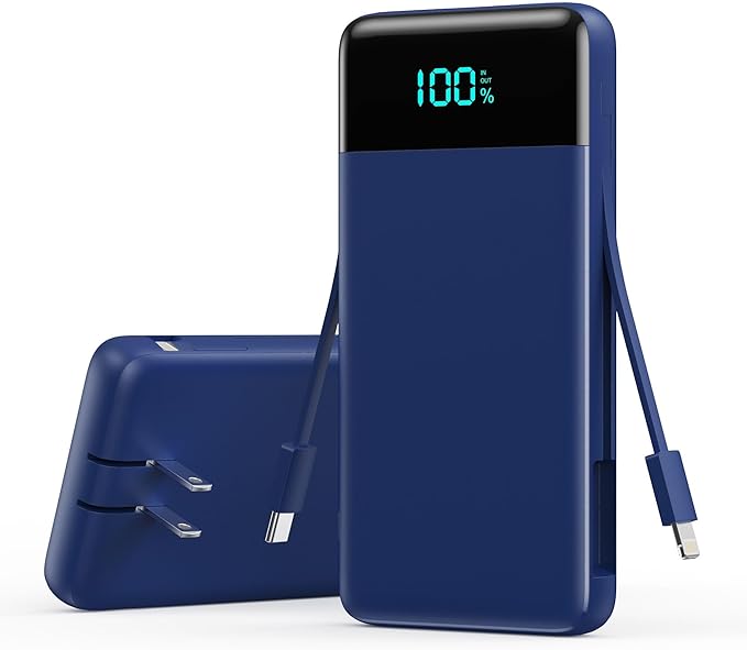 Portable Charger with Built-in AC Plug and Cables,13800mAh All in One USB C Fast Charging Power Bank,Travel Essentials Portable Phone Charger Battery Pack for iPhone 17/16/14,Galaxy,Android-Dark Blue by YHO