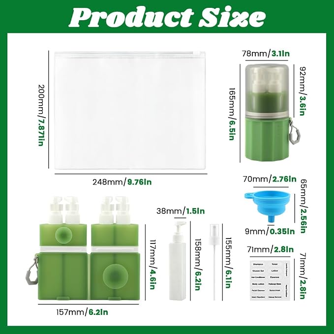 4 in 1 Wall Suction Travel Bottles Set, TSA Approved Leak Proof Travel Size Toiletries Containers with Funnel Labels Bag, Refillable Shampoo Dispenser Kit, (green) - Image 3
