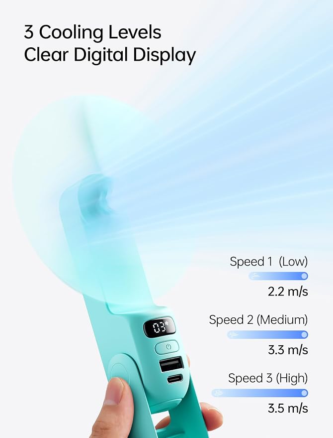 JISULIFE Portable Handheld Fan, 3 In 1-Fan, Power Bank, Flashlight, Cyan | Mini Cooling Essential for Outdoor, Small, On-the-Go Pocket Hand Design, 24 Hours, Auto Shut-Off Safety Soft Blade - Image 4