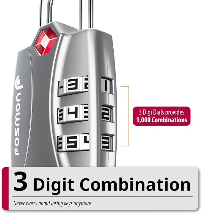 Fosmon TSA Approved Luggage Locks, 3 Digit Padlock, 2 Pack Silver | Open Alert Indicator, Alloy Body Padlock, Suitcase Travel Lock, Backpack Zipper Anti Theft, Gym Locker Security - Image 3