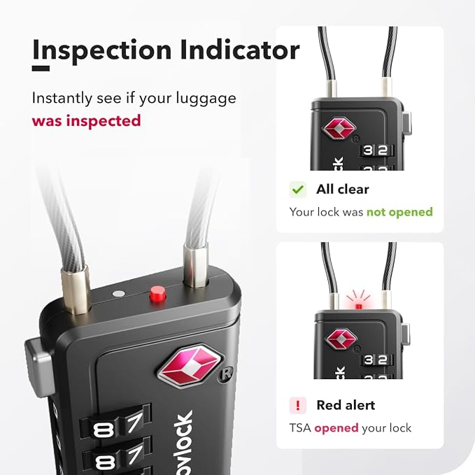 TSA Approved Luggage Locks, Travel Locks with Inspection Indicator | TSA008, Easy to Read Dials, 4 Digit Combination, Flexible Steel Cable, for Suitcases, Backpacks, Bags, 6-Pack, Black - Image 5
