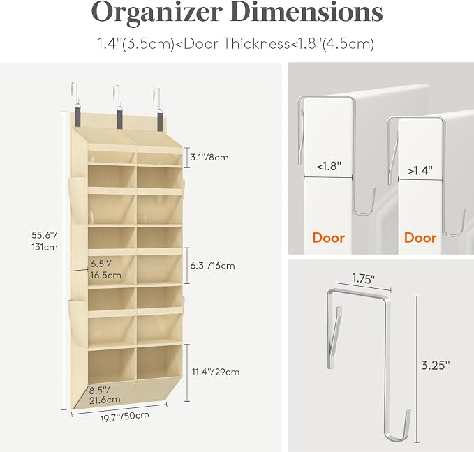 Lifewit 1 Pack Over the Door Organizer, 10 Section Clear Window Hanging Storage with 4 Side Pockets, Sturdy Anti Tilt 40 lbs Load Behind Door for Closet, Bedroom, Bathroom, Nursery, Dorm, Beige - Image 2