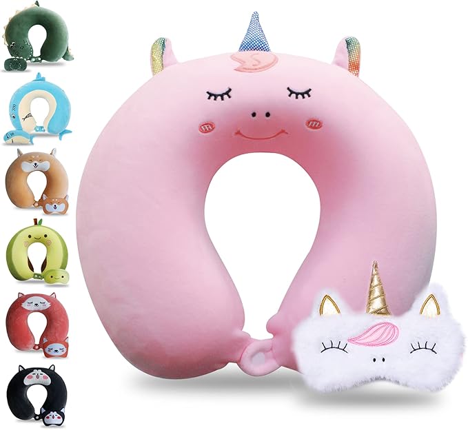 Sexysamba Cartoon Headrest & Neck Pillow for Kids Boys & Girls, Teens, Travel Accessories for Airplane, Car, Recline, Memory Foam Cute Travel Pillow with Sleep Eye Mask - Pink Unicorn by Sexysamba