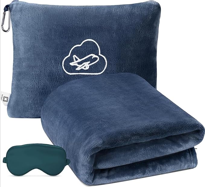 Travel Blanket, Airplane Blanket, Ultra-Soft, Warm & Lightweight, 65x40 in, Outdoor Blanket Essentials for Women, Men & Kids, Included Eye Mask, Luggage Sleeve & Backpack Clip Dusty Blue by ENZOLVE