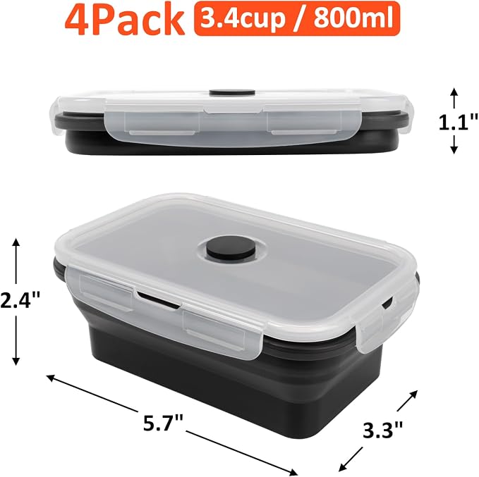 Collapsible Silicone Food Storage Containers Set with Lid & Air Vent,Foldable Lunch Containers(4PCS,Black,27oz) - Image 3