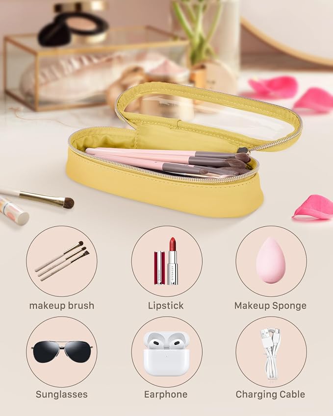 Soimeat Clear Travel Makeup Brush Holder, Leather Makeup Brush Toiletry Bag, Portable Cosmetic Brush Case, Transparent Waterproof Makeup Brush Storage Bag, Yellow - Image 2