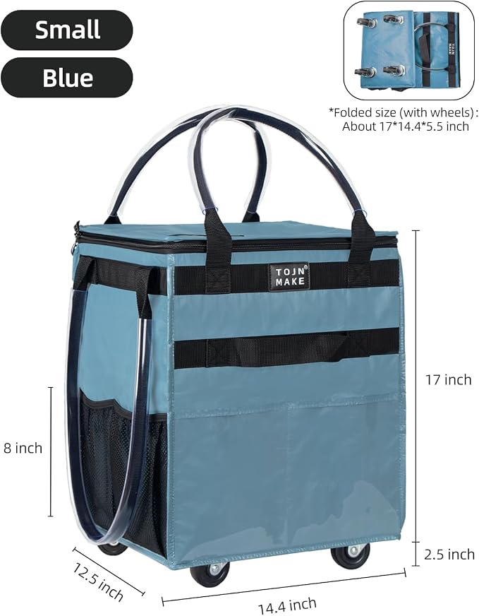 Reusable Grocery Bag on Wheels, Rolling Tote, 46 LBS, Small | Shopping bag on Wheels, 8 Pockets, Zipper Cover, Foldable, Heavy Duty Handles, Blue - Image 2