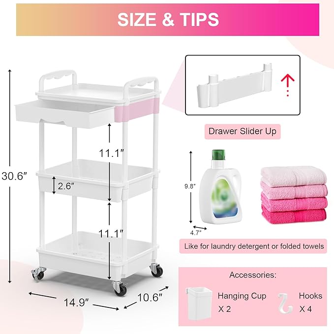 Goovilla 3 Tier Rolling Utility Cart Organizer with Removable Drawer, White | Stable and Sturdy Rolling Storage Carts with 2 Lockable Wheels for Bathroom, Kitchen, Snack, Craft, Makeup, Baby Essentials - Image 4
