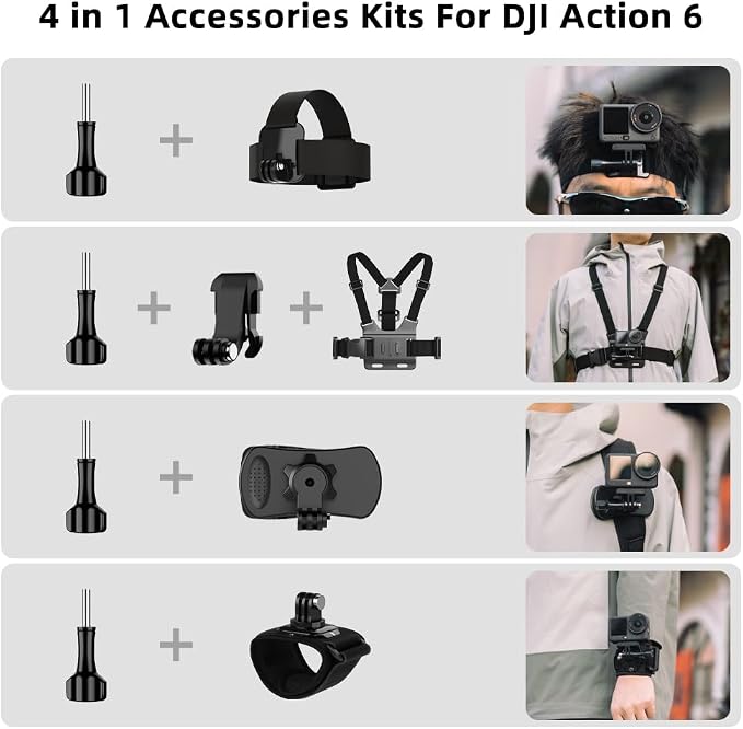 4 in 1 Accessories Set for DJI Action 6/5Pro/4/3/2,Chest Mount Harness/Head Strap Mount/ 360°Rotating Wrist Strap/360° Rotation Quick Clip Bracket for GoPro Hero 13/12/11 (Set 1) - Image 2