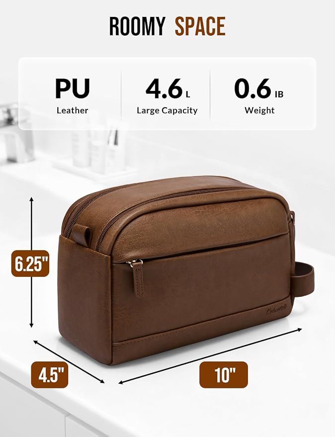 PU Leather Toiletry Bag for Men - Water Resistant Travel Bag for Toiletries, Bathroom Essentials, Accessories - Brown - Image 2