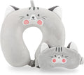 Travel Pillow, Kids Travel Pillow with Sleep Eye Mask Soft Memory Foam Kids Neck Pillow for Boys & Girls, Travel Accessories for Car Airplane Traveling - Grey Cat by MissSoul