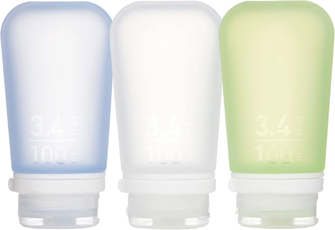 humangear GoToob+ 3-Pack, Large (3.4 fl oz), Clear/Green/Blue | Refillable & Leak-Proof Silicone Travel Size Bottles with Locking Cap for Toiletries, Camping & TSA Carry-On by humangear