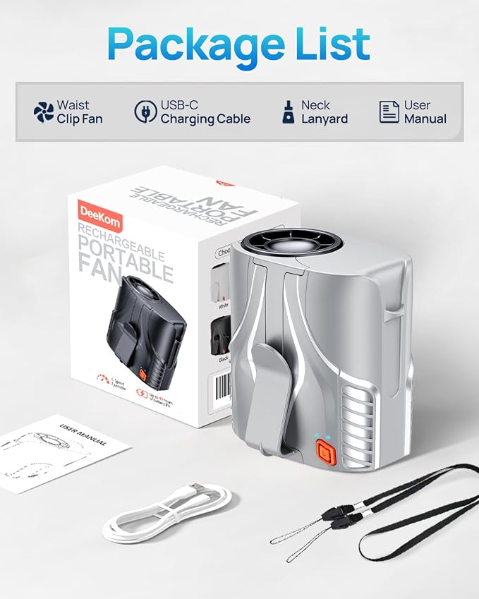 Portable Personal Waist Fan& Neck Fan, 14000RPM Brushless Motor, 40H Runtime Rechargeable, 6-Speed Quiet Operation, Clip-On Personal Body Cooling for Camping/Worksites/Outdoor - Image 9