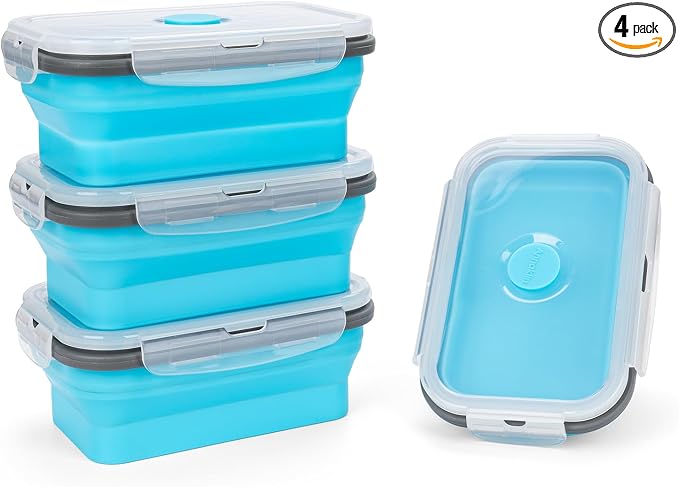 Collapsible Silicone Food Storage Containers Set with Lid & Air Vent,Foldable Lunch Containers(4PCS,Blue,17oz) by SiliseaDirect