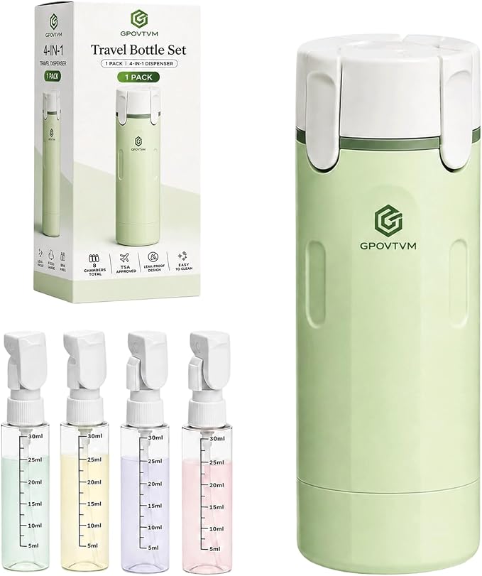 4 in 1 Travel Dispenser Bottle Four One Items Toiletry Containers Shampoo for Toiletries 4in -1 Soap 4-in-1 Leak Proof Rotatable Setpump Creams Sized TSA Refillable Lotion Cosmetic to Fill (Green) by Unknown