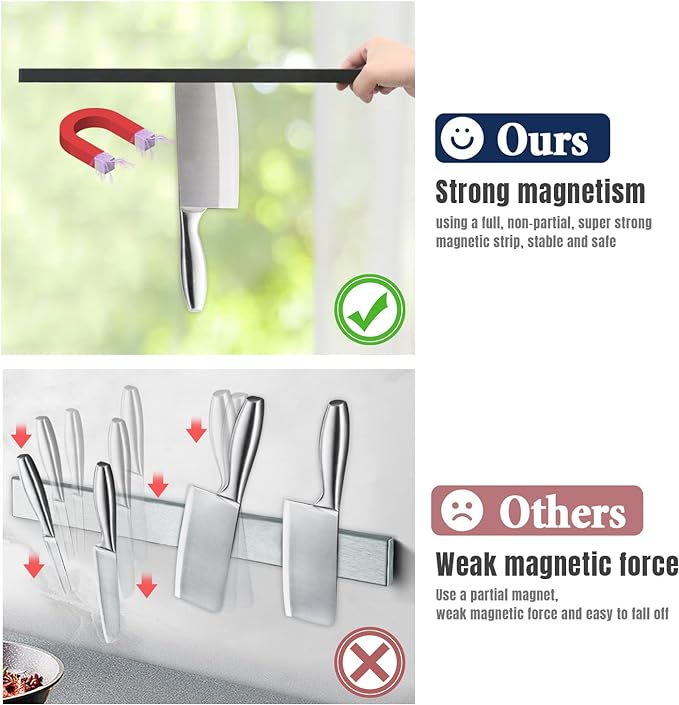 Dmore magnetic knife holder for wall—with 2 hooks, No Drilling 12 Inch black knife magnetic strip, Powerful knife magnet rack, include Adhesive Tape and screws for Knives, Utensils, and Tools - Image 3