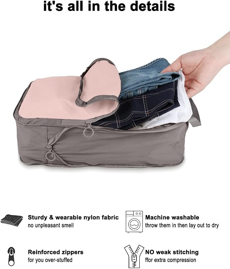 4 Set Compression Packing Cubes, Expandable Travel Organizer Bags, Water-Repellent Nylon, Space-Saving Luggage Set for Suitcase, Carry-on, Home Storage (4, Pink, Compress) - Image 2