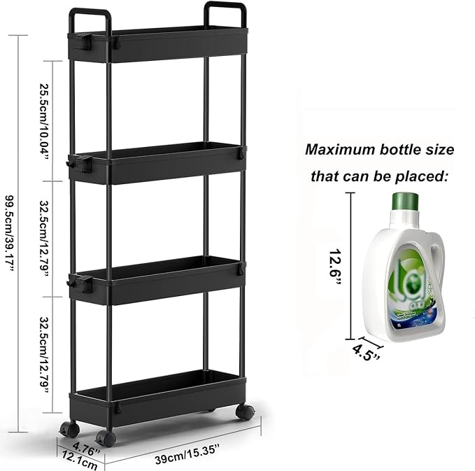 SOLEJAZZ Slim Rolling Storage Cart Skinny Bathroom Organizer, 4 Tier, Black | Thin utility cart with wheels for bathroom, laundry room, bedside, kitchen, dorm, office, next to fridge, small narrow places - Image 2
