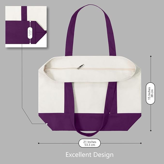 TOPDesign 3-Pack Canvas Tote Bags with an External Pocket, Reusable Grocery Shopping Bags, Top Zipper Closure, Daily Essentials (Purple/Natural) - Image 5