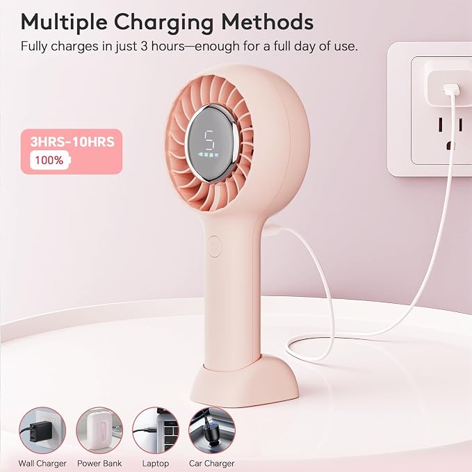 ZOZOO Portable Fan, USB Rechargeable 5 Speed Handheld Fan,LED Display &High Power Motor Table Fan, 2 IN 1 Quiet Strong personal fans for Travel,Camping,Beach Concert (Pink) - Image 3