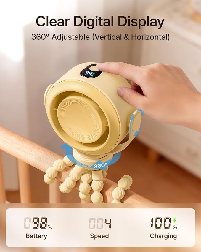 SWEETFULL Portable Stroller Fan, Pinch-Proof Baby Fan - Yellow | Wide Turbine Airflow; Safe Design; LED Display; 5-Speed; 30dB Quiet; USB-C Rechargeable; Mini Clip On Fan for Car Seat & Bed - Image 5