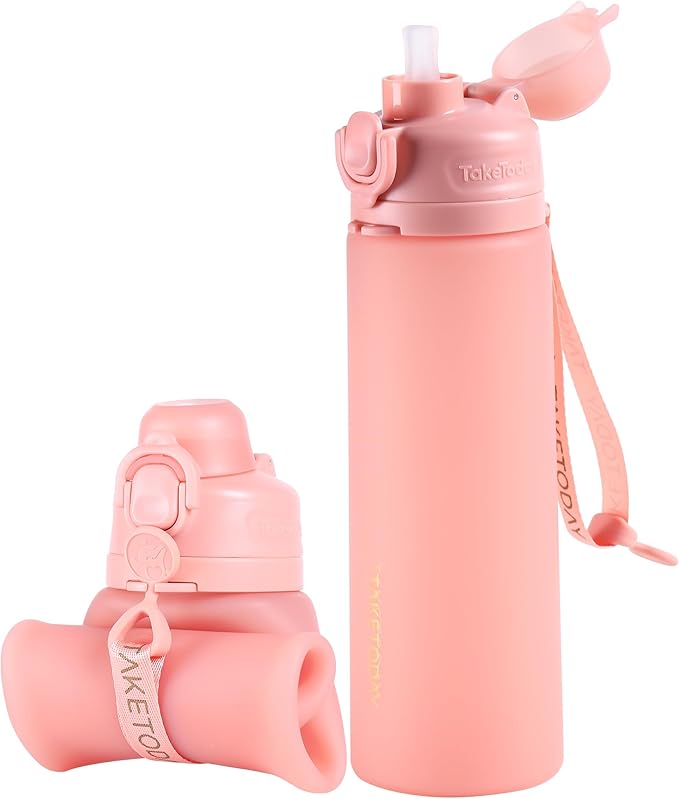 TakeToday Collapsible Water Bottles 21oz (600mL), Foldable Platinum Silicone Travel Water Bottle with Straw & Carry Strap, Leak-Resistant Screw Lid, Wide Mouth, BPA-Free for Hiking, Camping, Travel by TAKETODAY