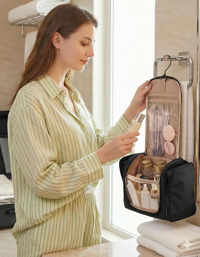 BAGSMART Travel Toiletry Bag for Women, Puffy Hanging Toiletry Bag with Hook, Water-resistant Toiletry Organizer for Full Sized Toiletries (Black) - Image 7