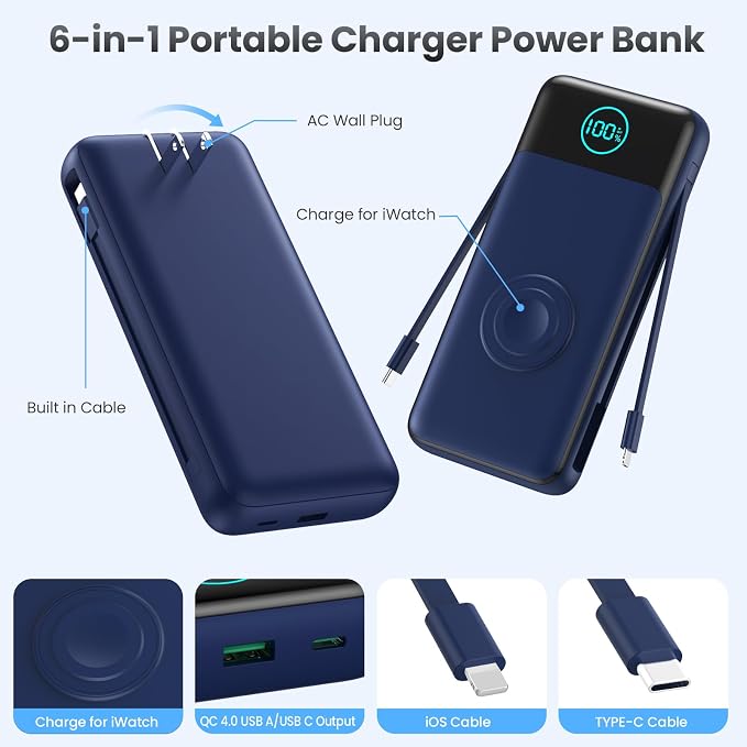 Portable Charger for iPhone with Built-in Cables and AC Wall Plug,26800mah Fast Charging USB C Power Bank,25W PD Travel Essential Battery Pack for iPhone 17/16/15/14/13,Galaxy,Apple Watch (Blue) - Image 2
