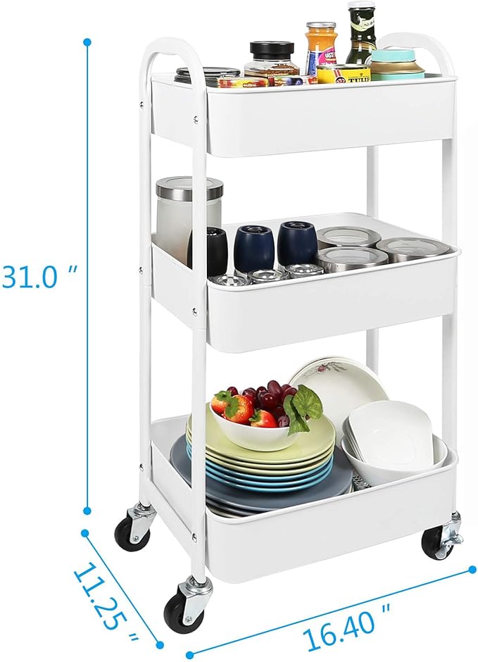 3-Tier Rolling Utility Cart with Caster Wheels,Easy Assembly, White | Easy Assembly, multi-purpose storage trolley for kitchen, rolling cart with smooth caster wheels for bathroom - Image 3