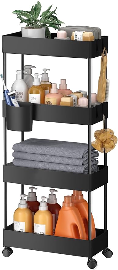 Pipishell 4 Tier Slim Storage Cart with Wheels, Laundry Cart, Black | 7.1 inch Wide - Fits Narrow Spaces, Storage Cup and 6 Hooks, Ventilation Holes, Durable ABS Material, Detachable Wheels by Pipishell