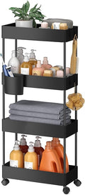 Pipishell 4 Tier Slim Storage Cart with Wheels, Laundry Cart, Black | 7.1 inch Wide - Fits Narrow Spaces, Storage Cup and 6 Hooks, Ventilation Holes, Durable ABS Material, Detachable Wheels by Pipishell