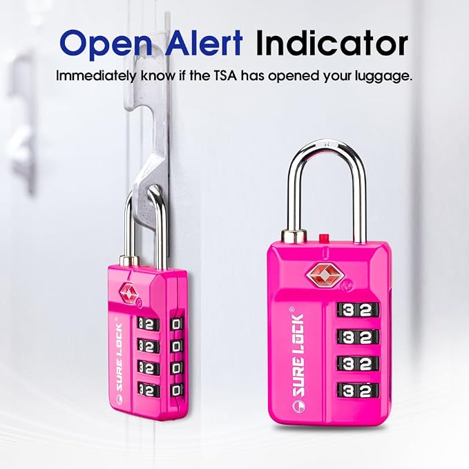 SURE LOCK TSA Approved 4-Digit Resettable Combination Luggage Locks with Open Alert, Easy-Read Dials - for Luggage, School Lockers, Gym, Office, Toolbox & Security Cases (Pink 2 Pack) - Image 4