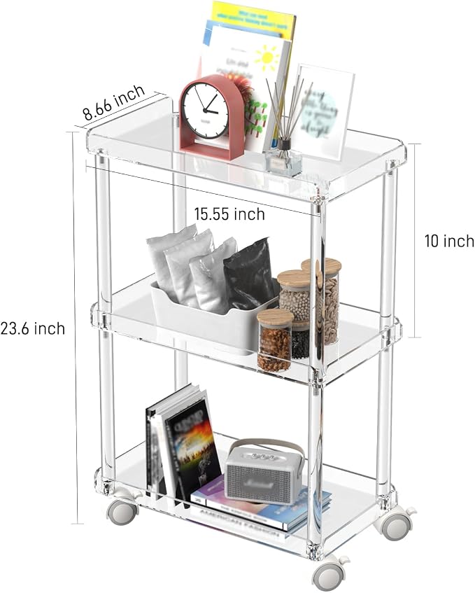 Aquiver Acrylic Slim Storage Cart - 3 Tier Utility Rolling Cart - for Kitchen, Bathroom, Living Room, Laundry, Narrow Places - 15.6'' L x 8.7'' W x 23.6'' H - Image 2