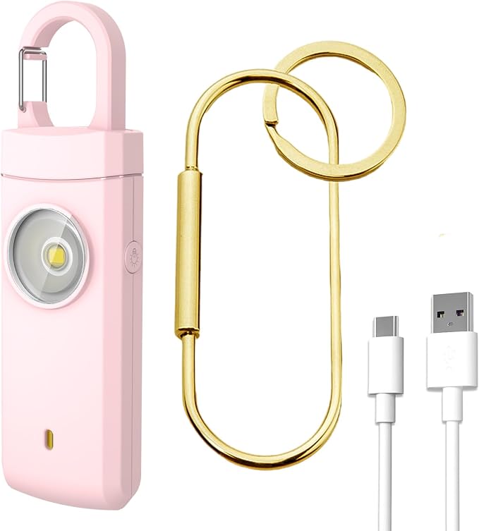 Personal Safety Alarm,Rechargeable with Keychain and LED Strobe Light, Pink | USB C/Micro USB/L Easy Use and Portable, Compatible with iPhone 17/16/15/14/13/12/11/X/XR/XS/8/Android/Tablet (3.28FT) by Gartmost