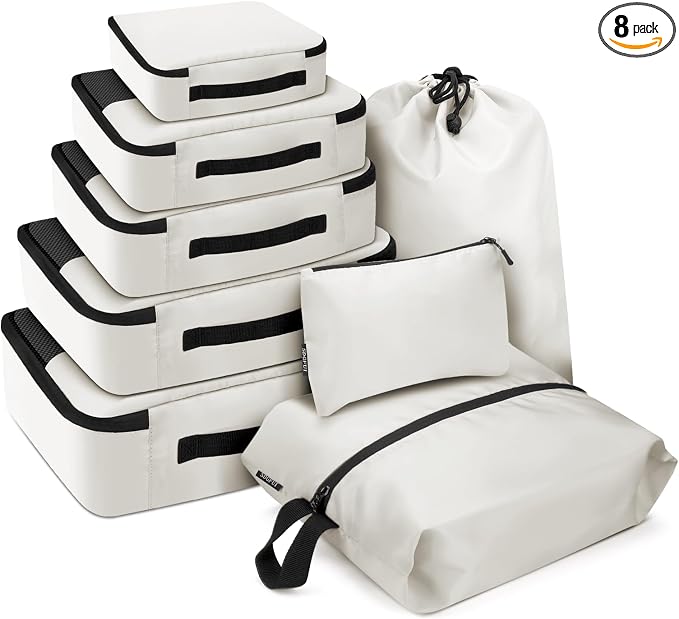 SDGFUI 8 PCS Compression Packing Cubes for Travel Women, Compression Bags Organizer for Luggage Space Saving Travel Essentials and Carry on, Luggage Organizer Bags for Suitcase - Beige by SDGFUI