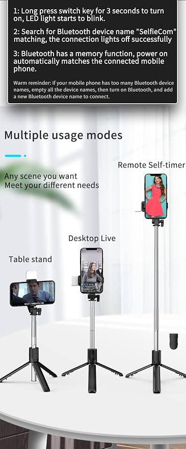 PINHEN Selfie Stick Tripod with Light, Extendable 360° Rotation Tripod Stand with Detachable Wireless Remote 3 in 1 Portable Mobile Phone Holder Compatible with iPhone Android Sansung(Pink+Light) - Image 6