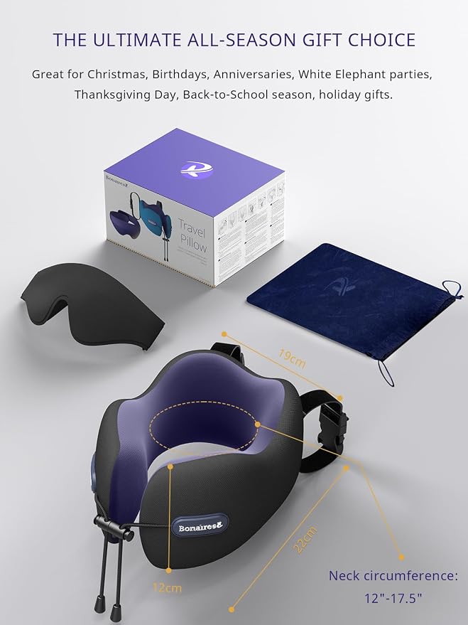 Travel Pillow, Neck Pillow Airplane for Long Flight Sleeping | Soft Supportive Foam, Head Pillow 3D Eye Mask & Seat Strap for 360°Support Head, Neck & Chin Travel Essentials Aqua & Purple - Image 8