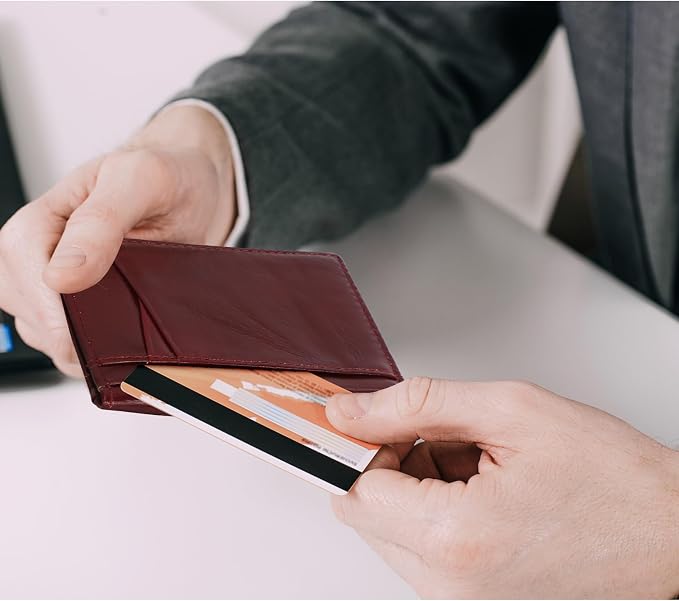Unaone Slim Minimalist Wallet - Premium Leather RFID Blocking Front Pocket Wallets with 8 Card Slots and 2 ID Window, Wine Red - Image 7