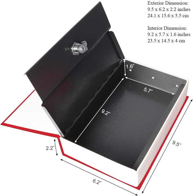 Book Safe with Key Lock – Jssmst Home Dictionary Diversion Safe Lock Box Safe Metal Box, Red Large, SM-BS004BL - Image 2
