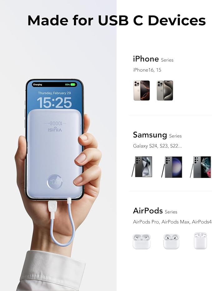 VIYISI 0.58” Slim Portable Charger Small 10000mAh with Built-in USB C Cable | 20W Compact Power Bank Fast Charging Battery Pack Travel Essential for Vacation Outdoor iPhone 17 16 15 Samsung Android-Blue - Image 5