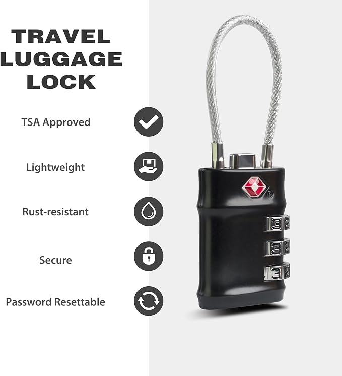 TSA Locks for Luggage, 3 Digit Combination Padlock, Luggage Locks TSA Approved 2 Pack, Combo Cable Padlocks with Code, for Gym Locker, Suitcase, Gun Case, Backpack Zipper (Black+Black) - Image 3