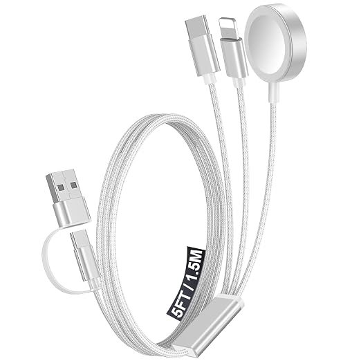 1Pack Travel Essentials for Apple Watch Charger,3-in-2 Multi Charging Cable | Cruise Vacation Camping Essentials for iPhone Charger,Type C/Lightning for iWatch,iPhone 17-12,Xbox Series X&S-5FT White by Accessoriesforphoneandelectricproducts